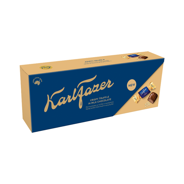 Karl Fazer chokladpraliner av mjölkchoklad fylld med krispig tryffel i en elegant presentask
