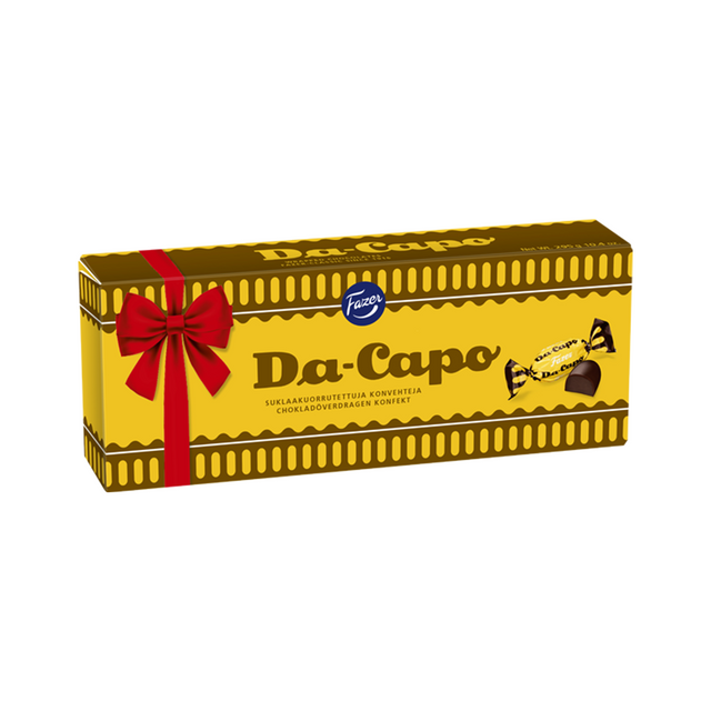 Da Capo 295g chokladpraliner i presentask dekorerad med  röd rosett