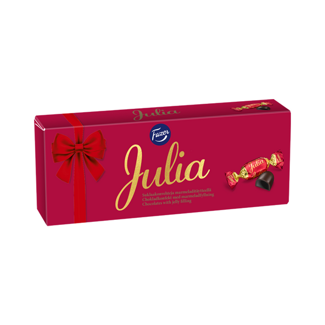 Julia chokladpralin 295g i röd ask med rosettdekor