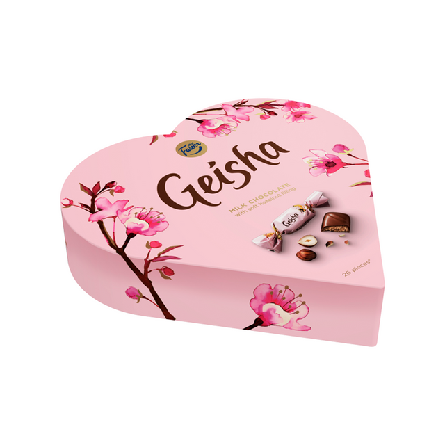 Geisha Mjölkchoklad med hasselnötsfyllning 190g i rosa hjärtformad ask