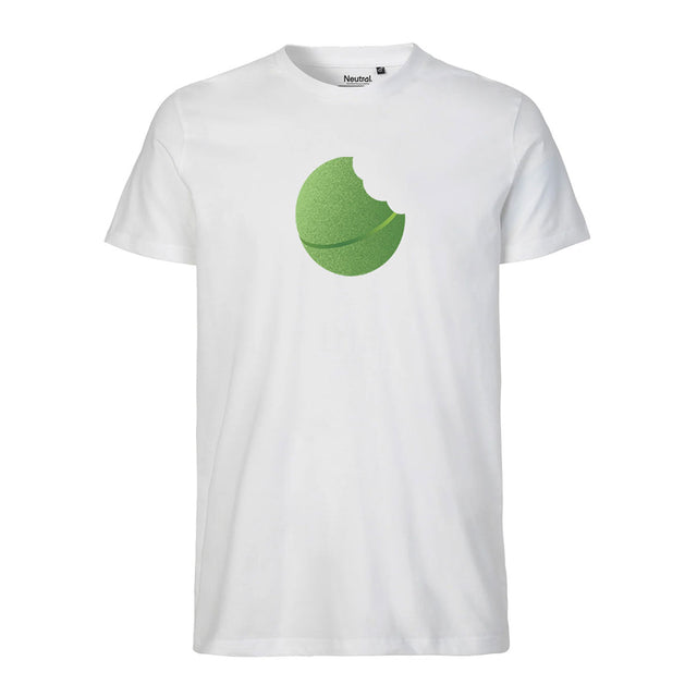 En vit t-shirt med tryck. Motivet är en Grön marmeladkula