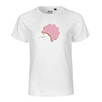 En vit t-shirt med en illustration av en rosa Fazer Carneval Prinsessa kaka