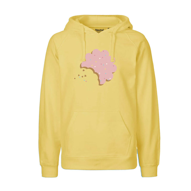 En gul hoodie med illustration av en rosa Prinsessakaka på bröstet