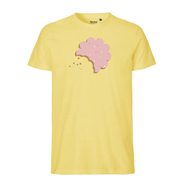 En gul t-shirt med en illustrerad rosa prinsessakaka
